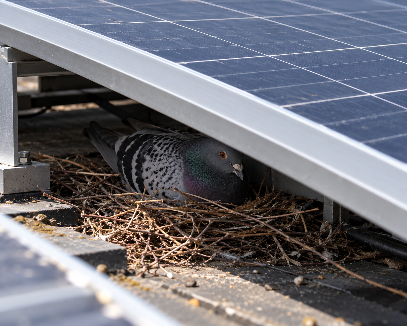 Pigeon nesting beneath solar panels